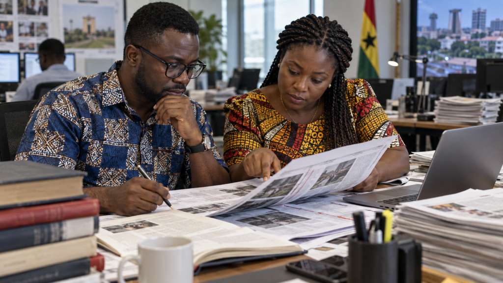 Editor checking facts before publication.
