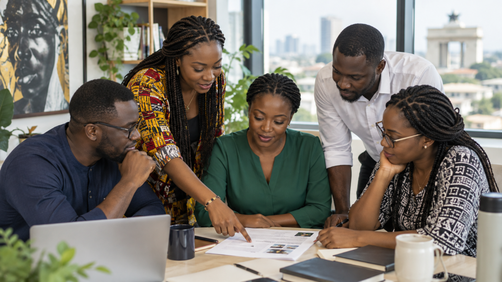 Ghanaian team reviewing a concise communications brief.