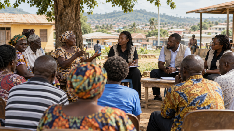 Ghanaian community members speaking at an engagement meeting.