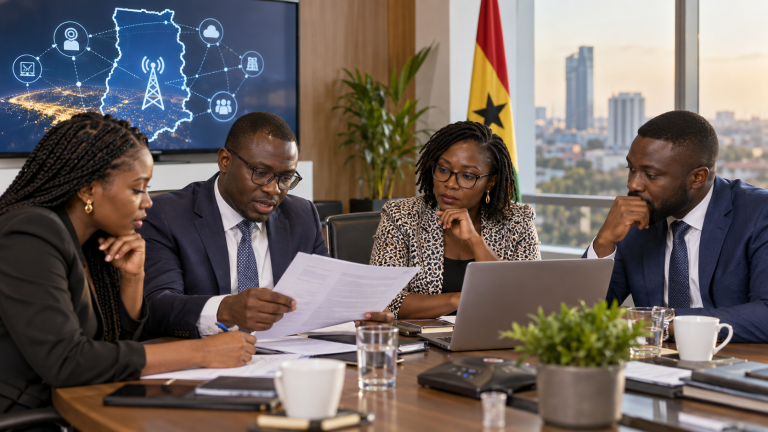 Illustration of Ghanaian communications professionals discussing electronic communications policy.