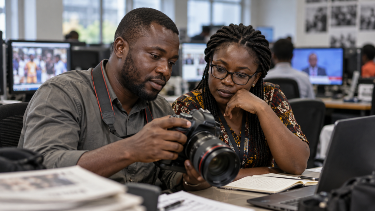 Editorial team reviewing news photographs and captions.