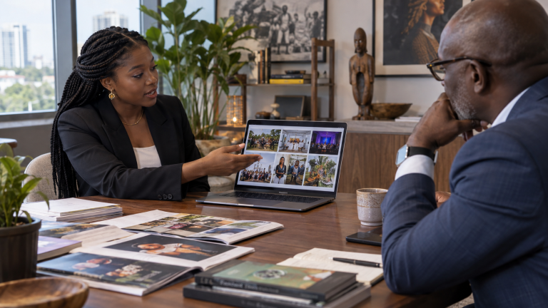 Public-relations portfolio review with a mentor.