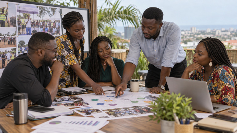 Ghanaian PR team reviewing stakeholder and campaign strategy.